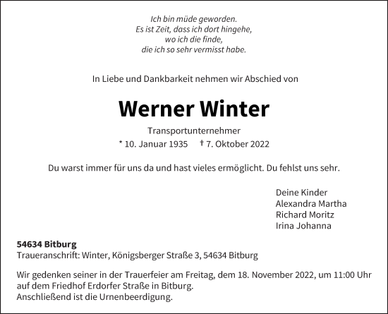 Traueranzeige von Werner Winter von trierischer_volksfreund