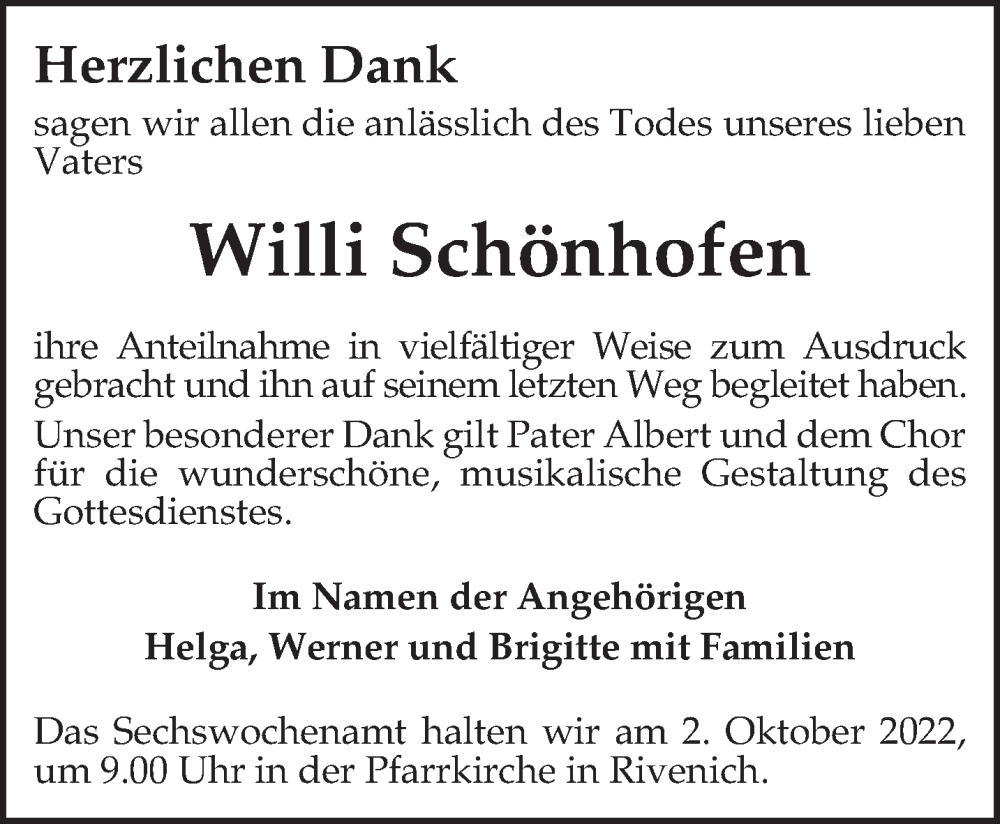  Traueranzeige für Willi Schönhofen vom 01.10.2022 aus trierischer_volksfreund