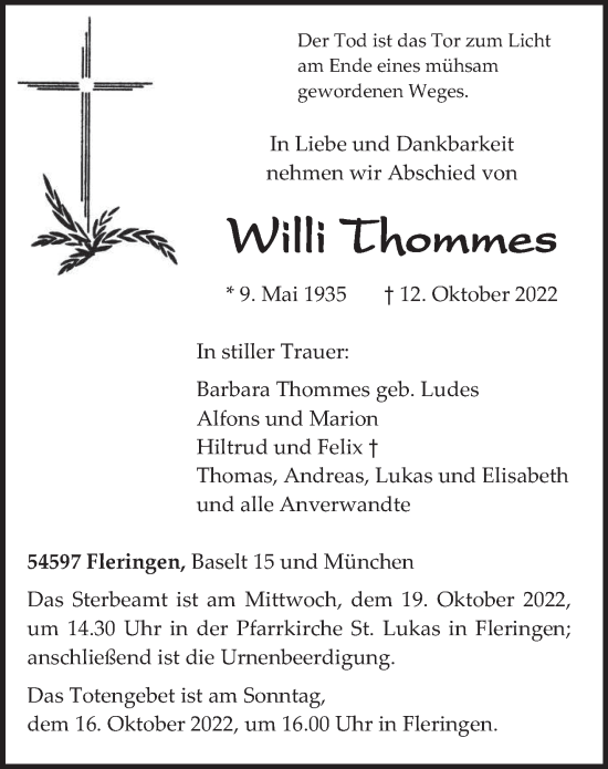 Traueranzeige von Willi Thommes von trierischer_volksfreund