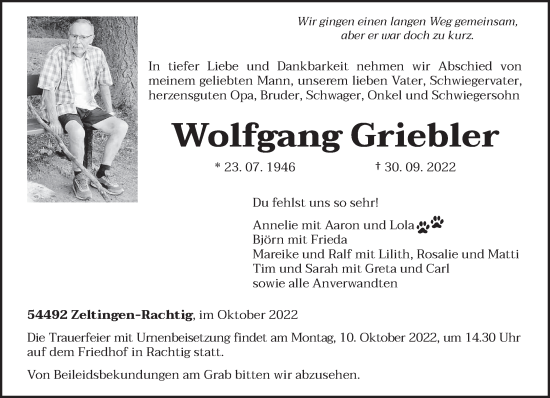 Traueranzeige von Wolfgang Griebler von trierischer_volksfreund
