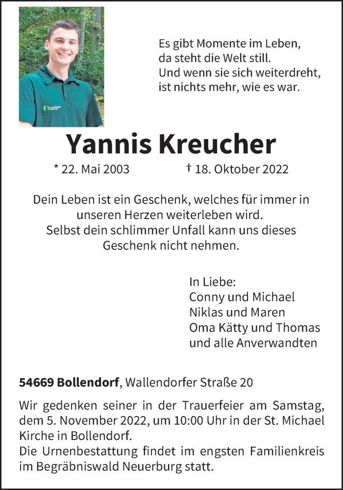  Traueranzeige für Yannis Kreucher vom 29.10.2022 aus trierischer_volksfreund