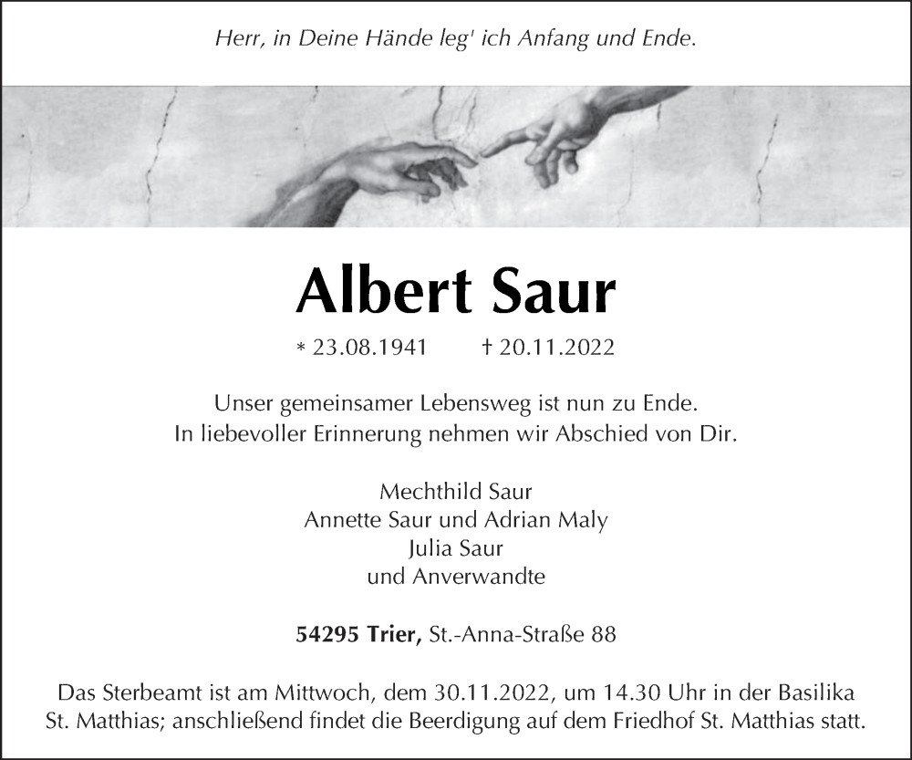  Traueranzeige für Albert Saur vom 26.11.2022 aus trierischer_volksfreund