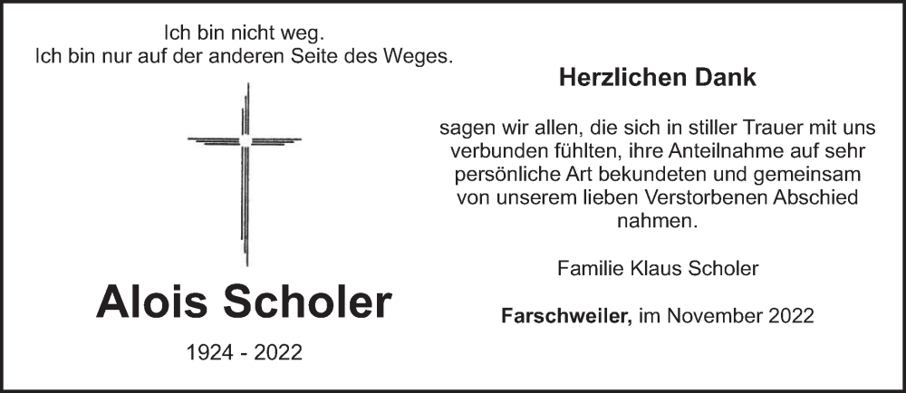  Traueranzeige für Alois Scholer vom 12.11.2022 aus trierischer_volksfreund