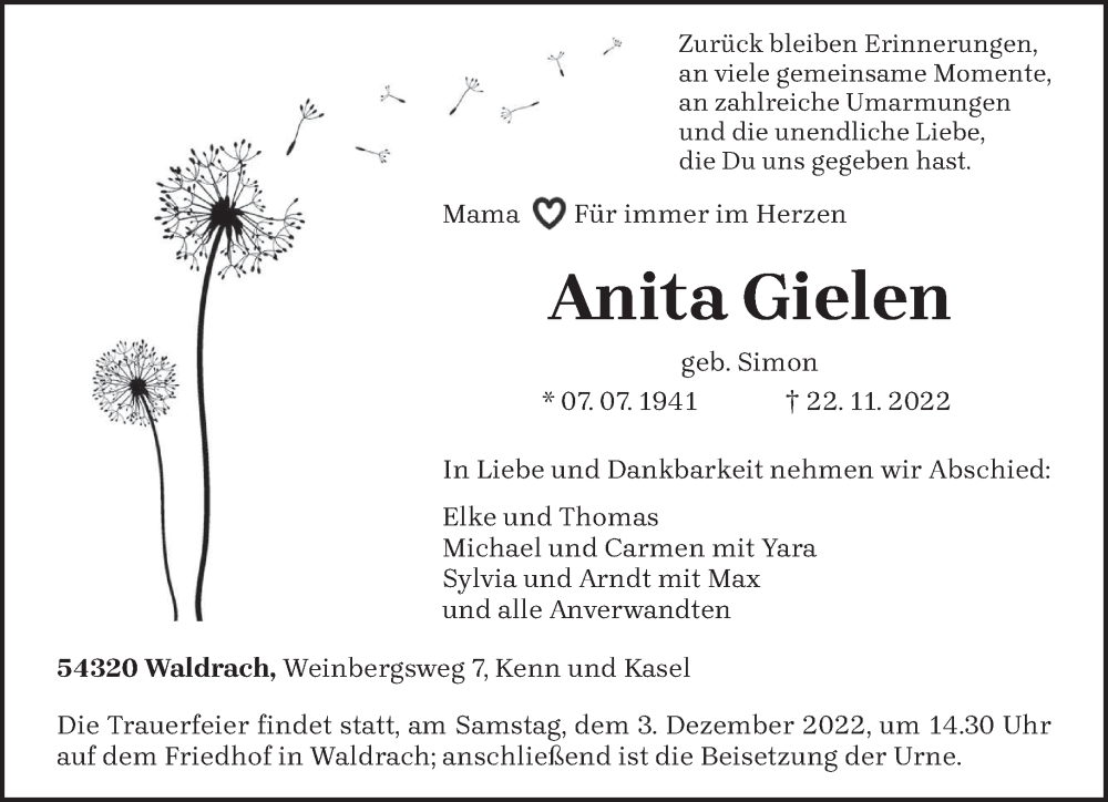  Traueranzeige für Anita Gielen vom 26.11.2022 aus trierischer_volksfreund