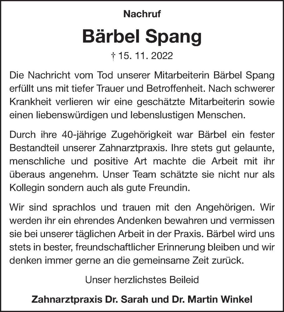  Traueranzeige für Bärbel Spang vom 26.11.2022 aus trierischer_volksfreund