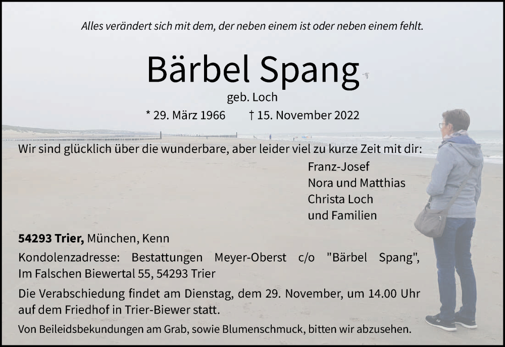  Traueranzeige für Bärbel Spang vom 23.11.2022 aus trierischer_volksfreund