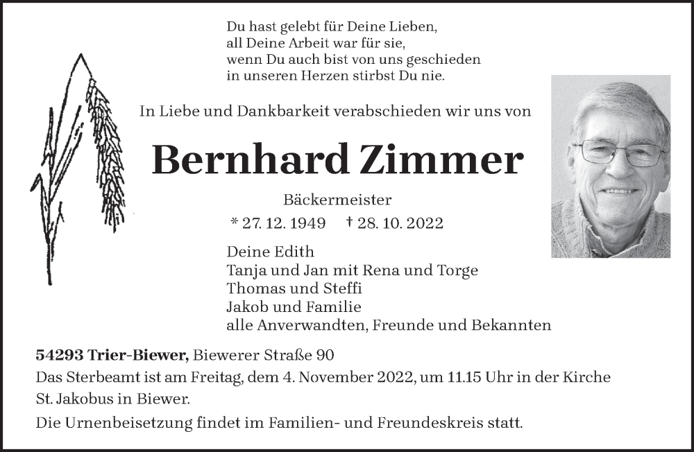  Traueranzeige für Bernhard Zimmer vom 02.11.2022 aus trierischer_volksfreund