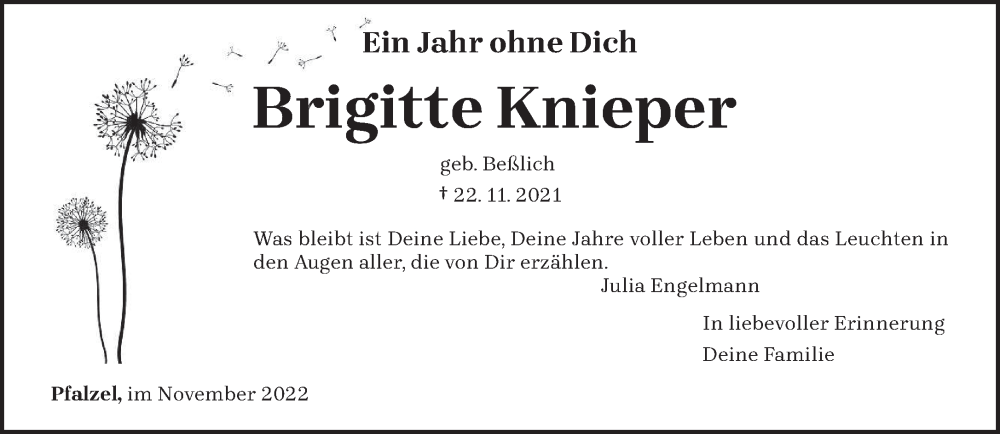  Traueranzeige für Brigitte Knieper vom 26.11.2022 aus trierischer_volksfreund