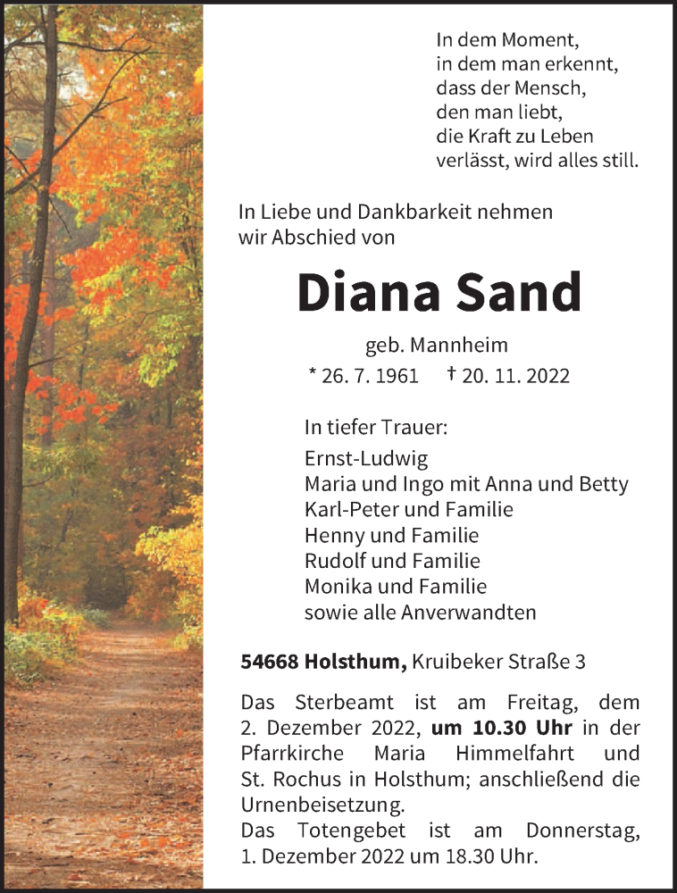  Traueranzeige für Diana Sand vom 26.11.2022 aus trierischer_volksfreund