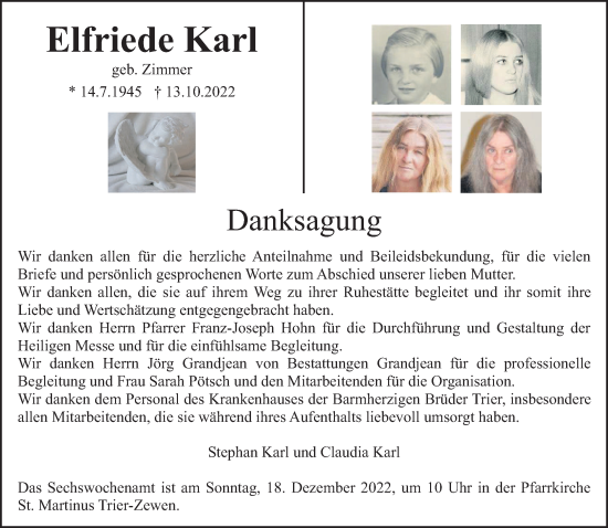 Traueranzeige von Elfriede Karl von trierischer_volksfreund
