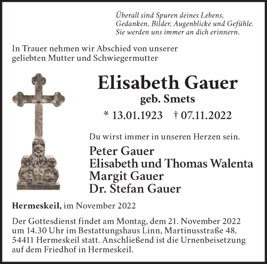 Traueranzeige von Elisabeth Gauer von trierischer_volksfreund