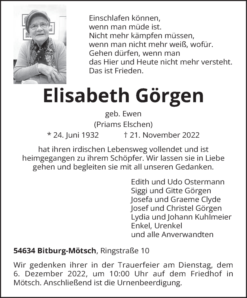  Traueranzeige für Elisabeth Görgen vom 26.11.2022 aus trierischer_volksfreund