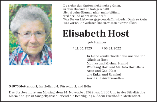 Traueranzeige von Elisabeth Host von trierischer_volksfreund
