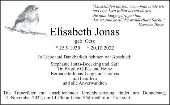 Traueranzeige von Elisabeth Jonas von trierischer_volksfreund