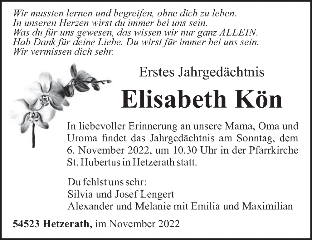  Traueranzeige für Elisabeth Kön vom 05.11.2022 aus trierischer_volksfreund