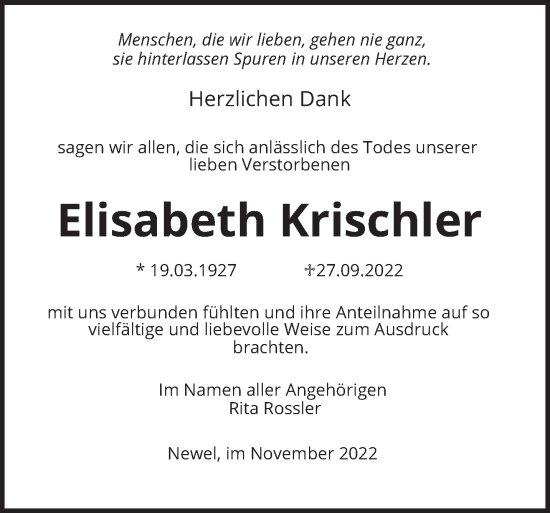 Traueranzeige von Elisabeth Krischler von trierischer_volksfreund