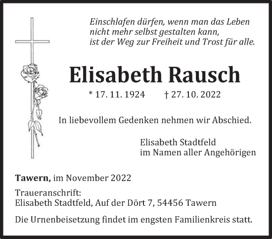 Traueranzeige von Elisabeth Rausch von trierischer_volksfreund