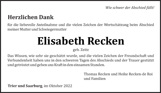 Traueranzeige von Elisabeth Recken von trierischer_volksfreund