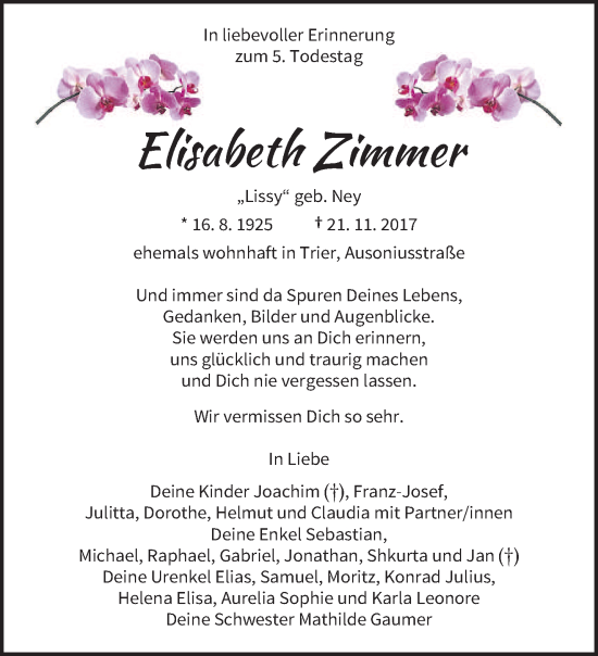Traueranzeige von Elisabeth Zimmer von trierischer_volksfreund