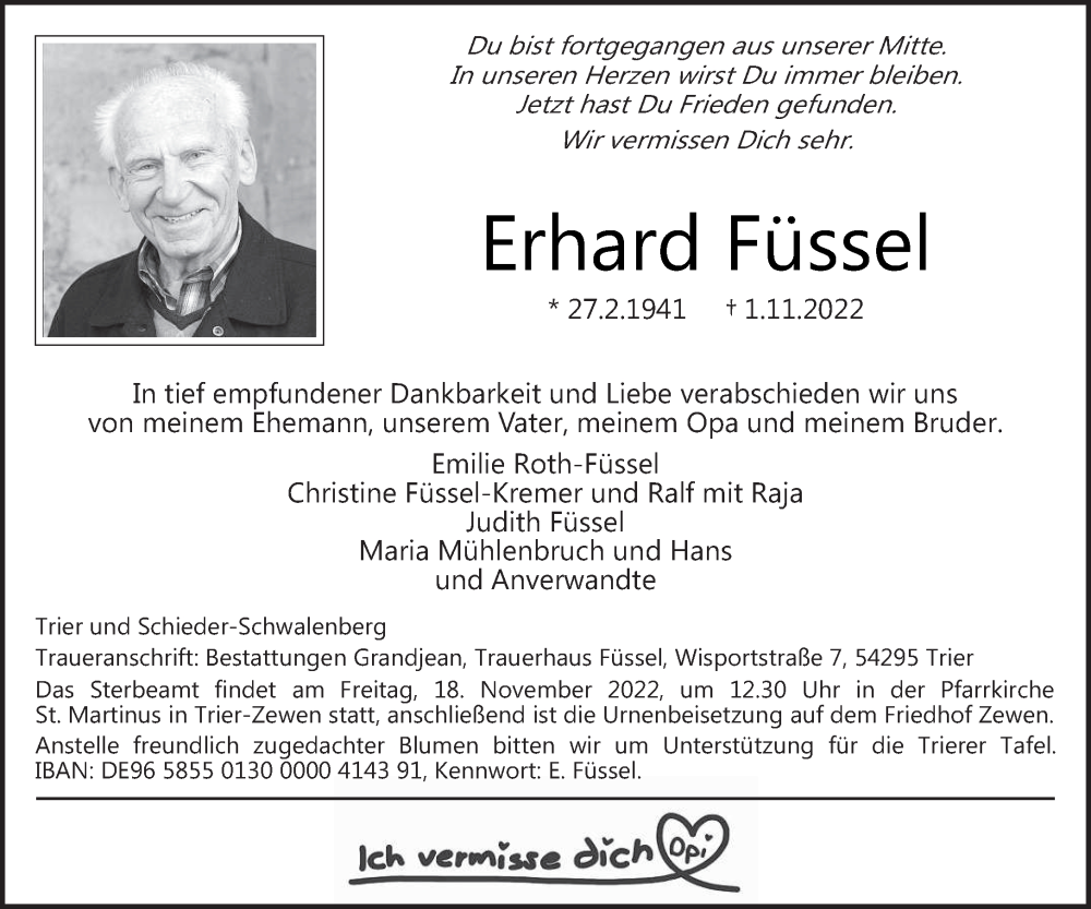 Traueranzeige für Erhard Füssel vom 12.11.2022 aus trierischer_volksfreund