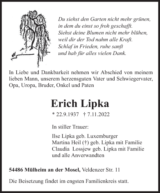 Traueranzeige von Erich Lipka von trierischer_volksfreund