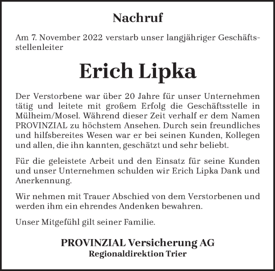 Traueranzeige von Erich Lipka von trierischer_volksfreund