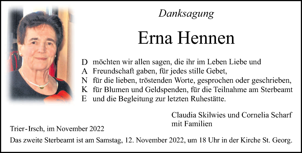  Traueranzeige für Erna Hennen vom 05.11.2022 aus trierischer_volksfreund