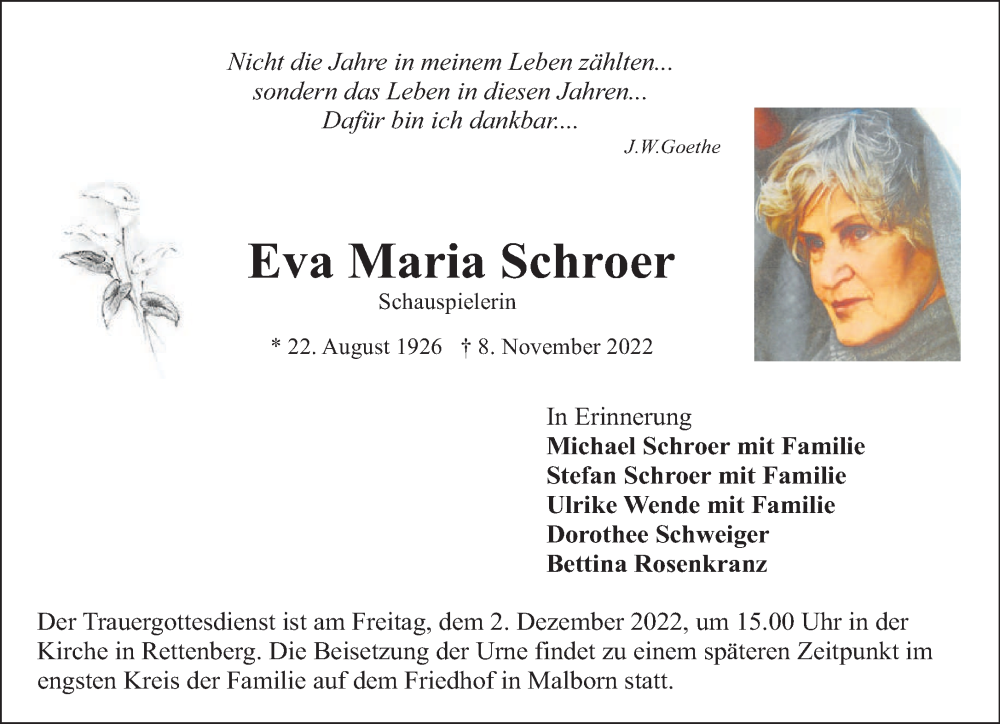  Traueranzeige für Eva Maria Schroer vom 26.11.2022 aus trierischer_volksfreund