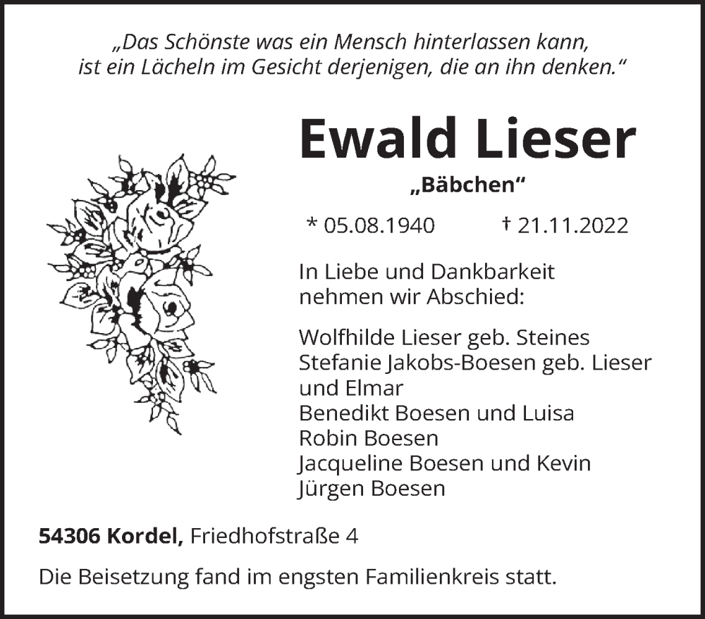  Traueranzeige für Ewald Lieser vom 26.11.2022 aus trierischer_volksfreund