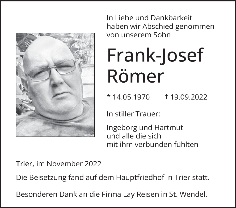  Traueranzeige für Frank-Josef Römer vom 26.11.2022 aus trierischer_volksfreund