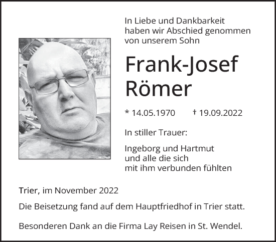 Traueranzeige von Frank-Josef Römer von trierischer_volksfreund