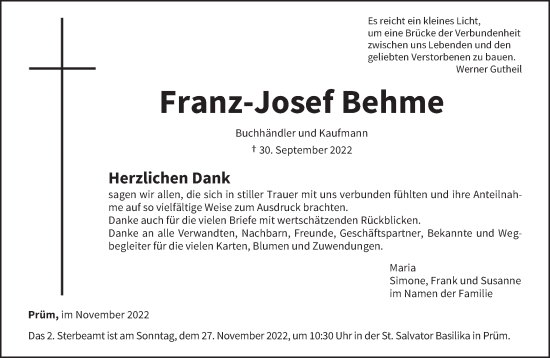 Traueranzeige von Franz-Josef Behme von trierischer_volksfreund