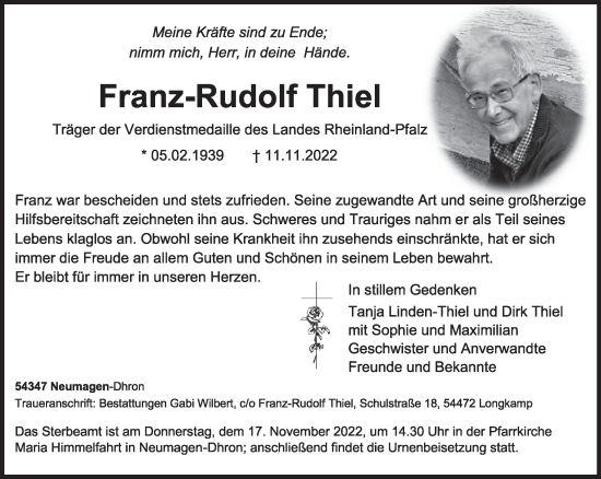 Traueranzeige von Franz-Rudolf Thiel von trierischer_volksfreund