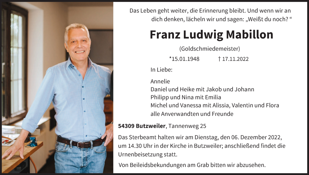  Traueranzeige für Franz Ludwig Mabillon vom 26.11.2022 aus trierischer_volksfreund