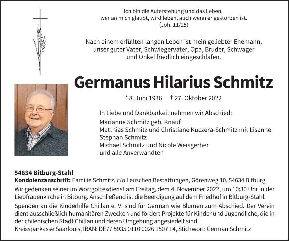  Traueranzeige für Germanus Hilarius Schmitz vom 02.11.2022 aus trierischer_volksfreund