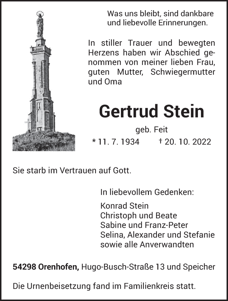  Traueranzeige für Gertrud Stein vom 02.11.2022 aus trierischer_volksfreund
