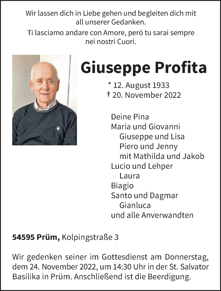  Traueranzeige für Giuseppe Profita vom 23.11.2022 aus trierischer_volksfreund