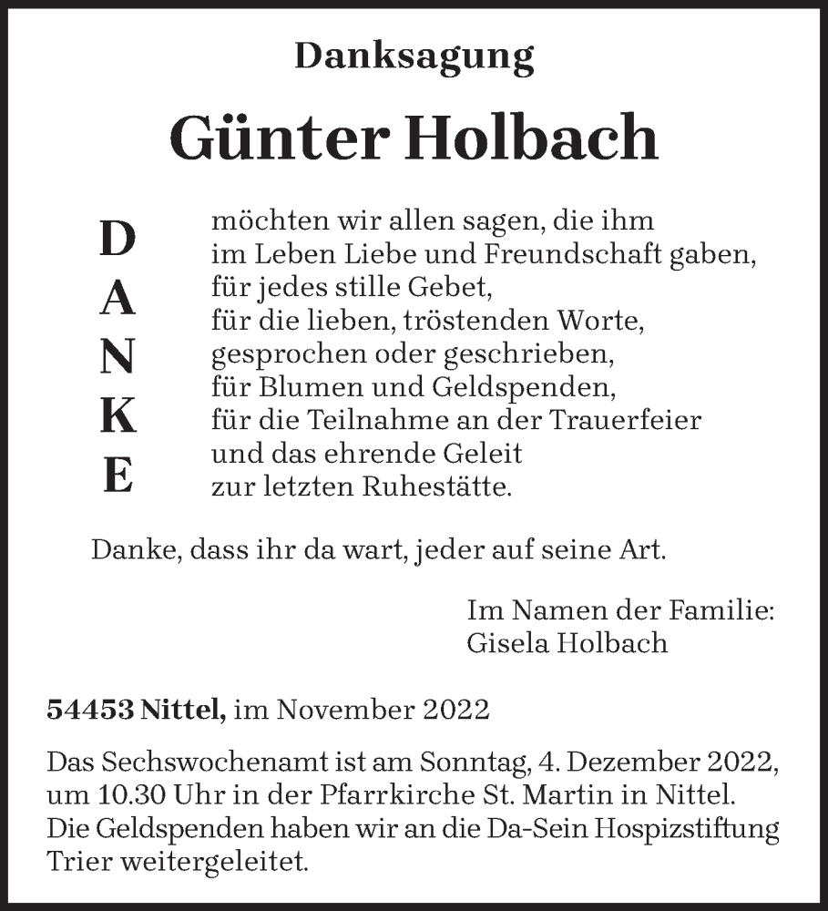  Traueranzeige für Günter Holbach vom 26.11.2022 aus trierischer_volksfreund