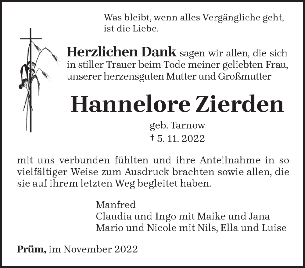  Traueranzeige für Hannelore Zierden vom 24.11.2022 aus trierischer_volksfreund