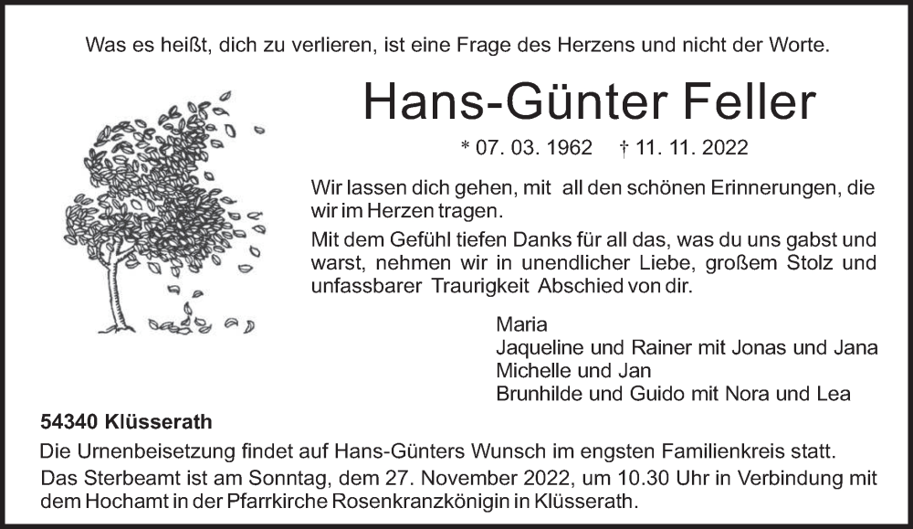  Traueranzeige für Hans-Günter Feller vom 19.11.2022 aus trierischer_volksfreund