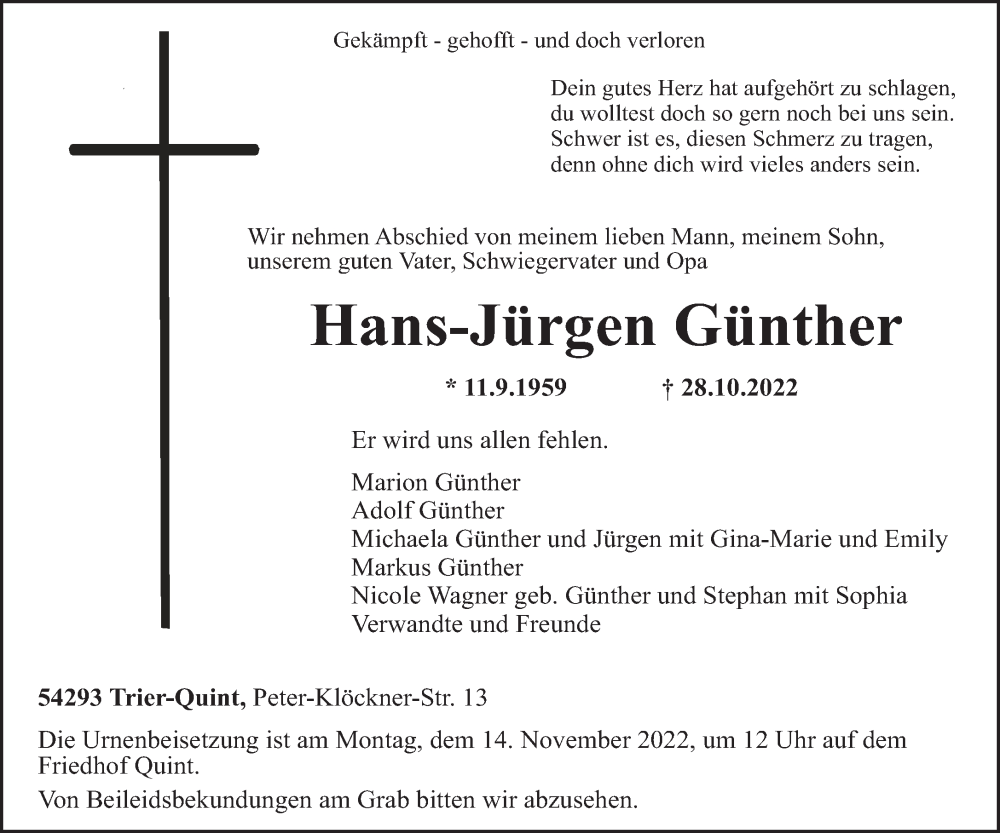  Traueranzeige für Hans-Jürgen Günther vom 09.11.2022 aus trierischer_volksfreund
