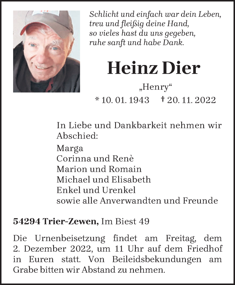  Traueranzeige für Heinz Dier vom 26.11.2022 aus trierischer_volksfreund
