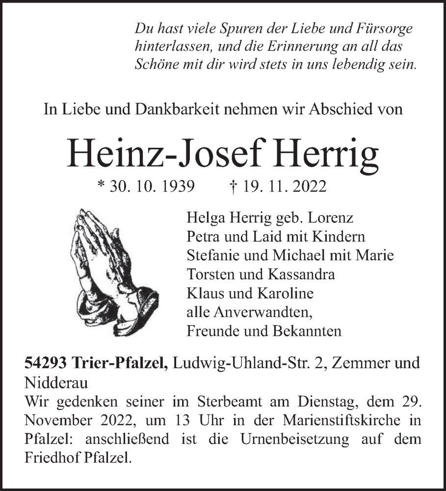  Traueranzeige für Heinz-Josef Herrig vom 26.11.2022 aus trierischer_volksfreund