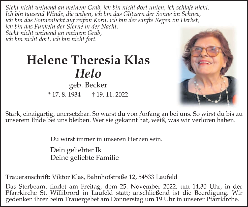  Traueranzeige für Helene Theresia Klas vom 23.11.2022 aus trierischer_volksfreund