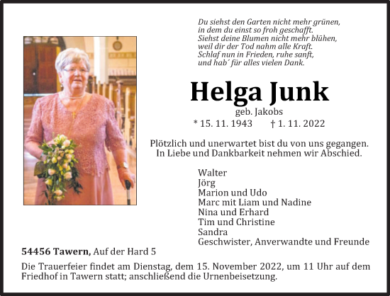 Traueranzeige von Helga Junk von trierischer_volksfreund