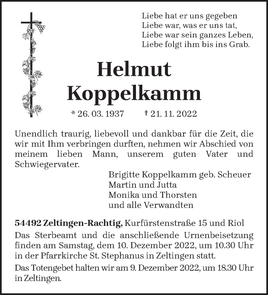  Traueranzeige für Helmut Koppelkamm vom 26.11.2022 aus trierischer_volksfreund
