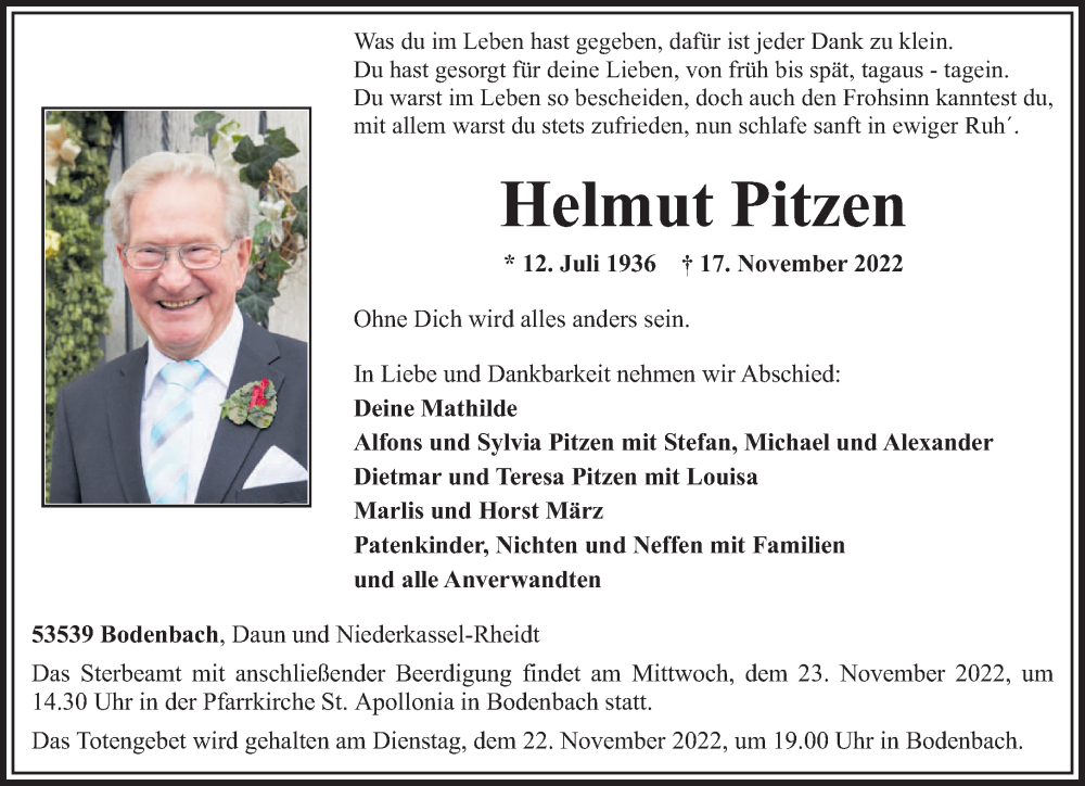  Traueranzeige für Helmut Pitzen vom 21.11.2022 aus trierischer_volksfreund