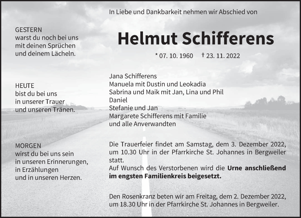  Traueranzeige für Helmut Schifferens vom 26.11.2022 aus trierischer_volksfreund
