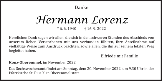 Traueranzeige von Hermann Lorenz von trierischer_volksfreund