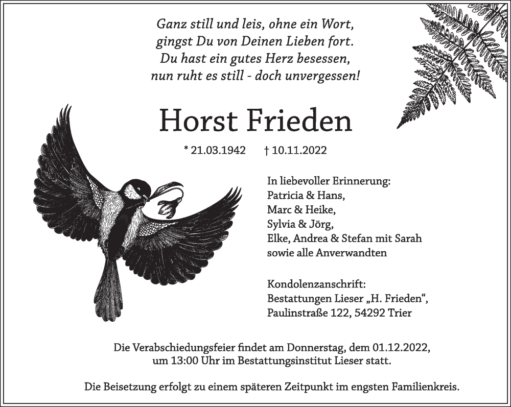  Traueranzeige für Horst Frieden vom 26.11.2022 aus trierischer_volksfreund